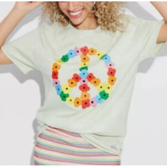 NWT Phluid Project T-Shirt Unisex S Light Green Floral Peace Sign 100% Cotton - Picture 1 of 7